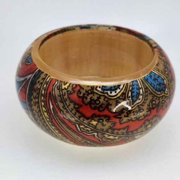 VINTAGE RETRO PAISLEY FLORAL CHUNKY BOHO BANGLE BRACELET DOMED CORAL RED - Picture 2 of 7